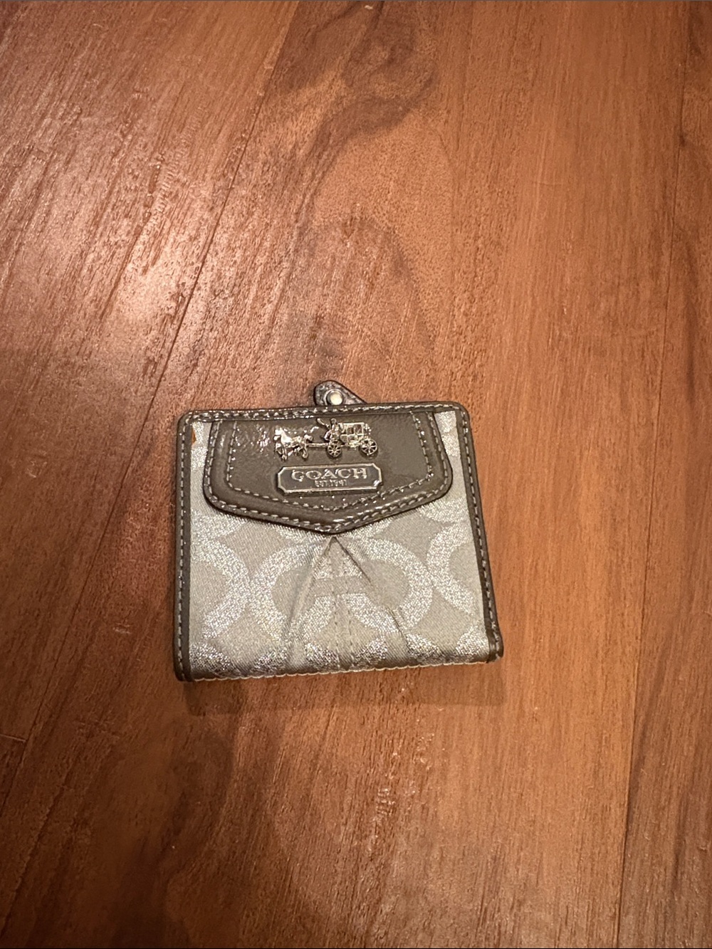 Coach Silver Signature Compact Wallet with Logo Plaque